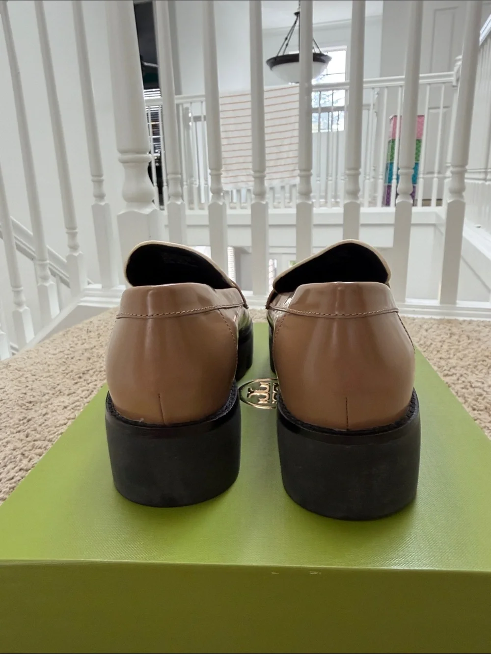 Tory Burch White and Brown Leather Lug Sole Loafers with Gold Logo